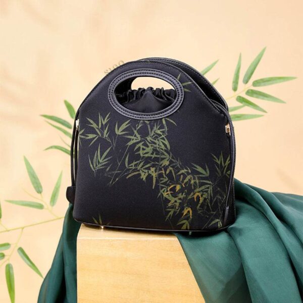 襄雲舎_絹_竹_黒_巾着_バケツバッグ_YS120670_bd Xiangyunsha_Silk_Bamboo_Black_Drawstring_Bucket_Bag_YS120670_bd